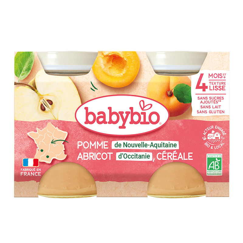 Babybio Pomme De Nouvelle-Aquitaine Abricot d&#039;Occitanie Céréale Petits pots 2x130g