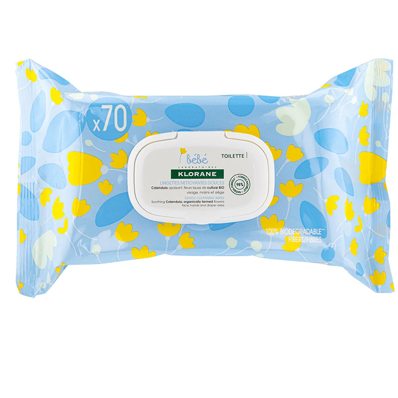 Klorane Bébé Lingettes nettoyantes douces pour le corps au Calendula apaisant - 70 Unités